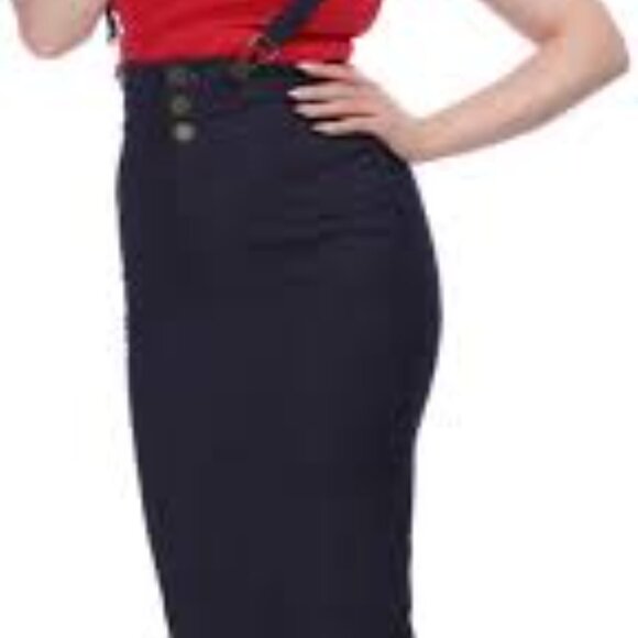 Collectif Size UK 16/US 12 Blue High Waist Denim Suspender Pencil Skirt with Fro - Picture 6 of 6